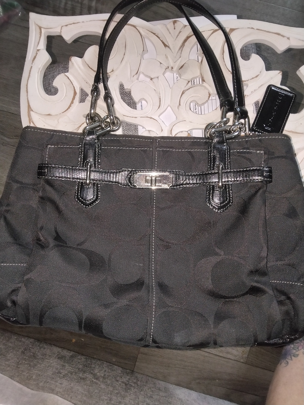 Black Signature-Pattern Tote with Gloss Trim